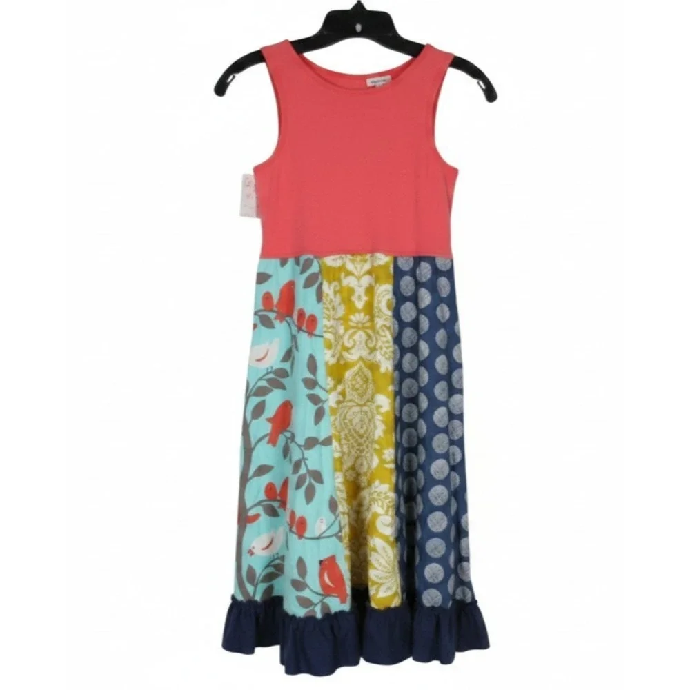 NWT GIGGLE MOON Multicolor PATCHWORK BIRDS DAMASK POLKA-DOT Dress GIRLS M